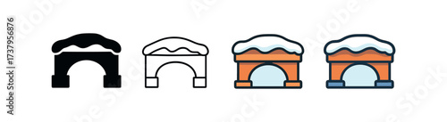 Vector icon snow covered bridge four styles black solid glyph outline minimal flat multicolor filled cartoon flat shaded.