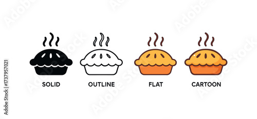 Vector icon hot baked pie four styles black solid glyph outline minimal flat multicolor filled cartoon flat shaded.
