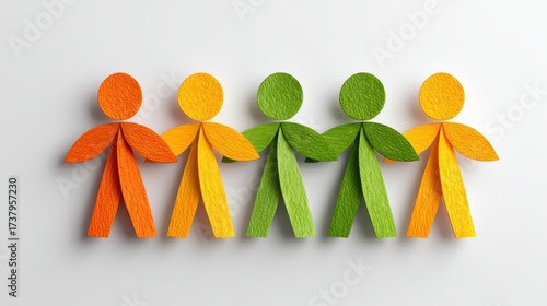 Three paper people standing in row depicts three handcrafted paper figures positioned in single file highlighting their ordered arrangement