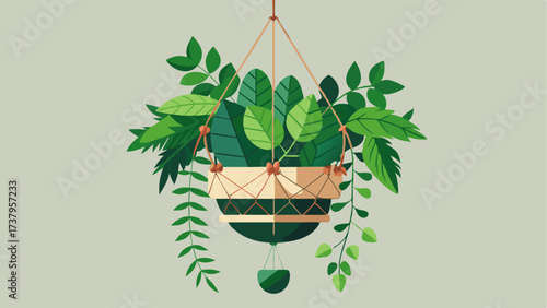 A hanging plant holder made from macrame displaying a lush assortment of greenery and trailing vines.