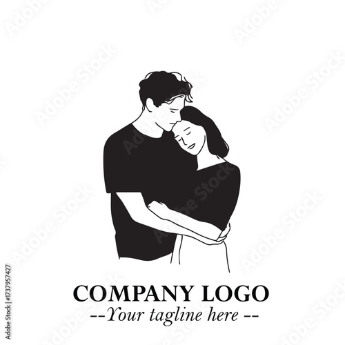 Black and White Couple Woman and Man Hug Together Silhouette Illustration in Minimalist Vector Style