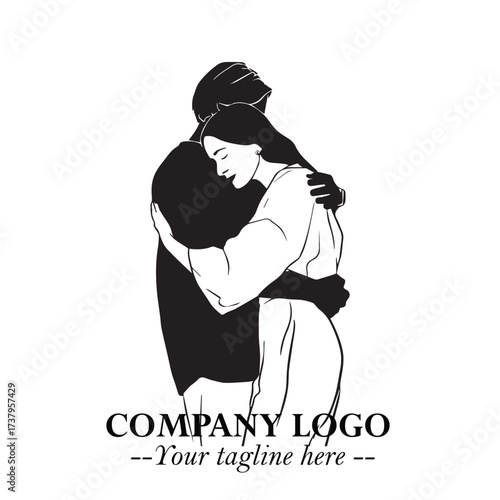 Black and White Couple Woman and Man Hug Together Silhouette Illustration in Minimalist Vector Style