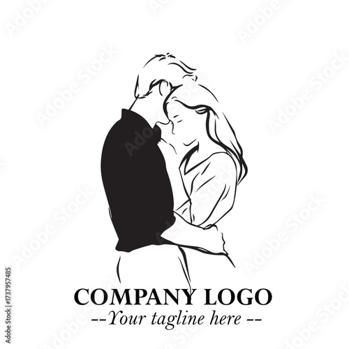 Black and White Couple Woman and Man Hug Together Silhouette Illustration in Minimalist Vector Style