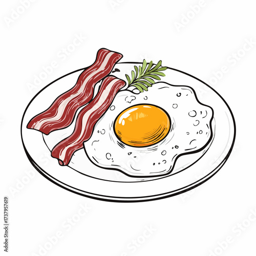 A detailed illustration of a breakfast plate with fried egg, bacon strips, and a sprig of rosemary.