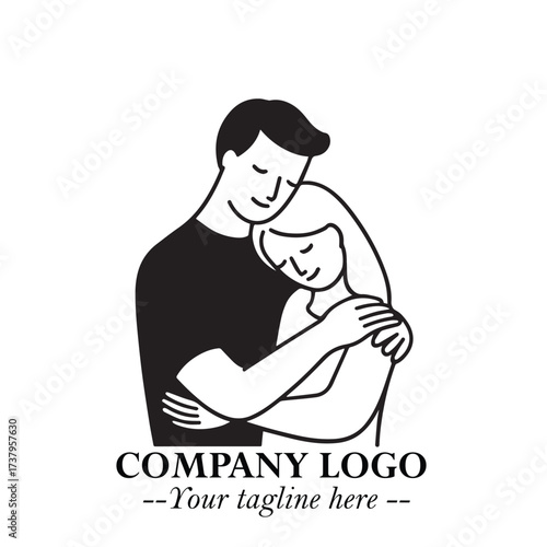 Black and White Couple Woman and Man Hug Together Silhouette Illustration in Minimalist Vector Style