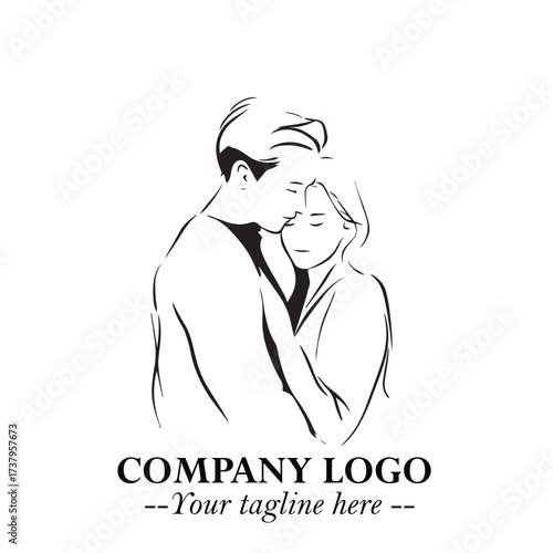 Black and White Couple Woman and Man Hug Together Silhouette Illustration in Minimalist Vector Style