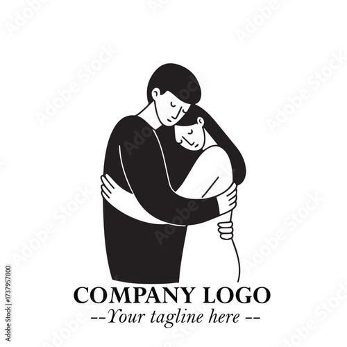 Black and White Couple Woman and Man Hug Together Silhouette Illustration in Minimalist Vector Style