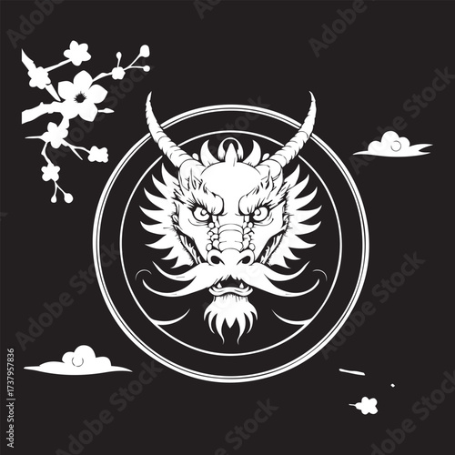 Illustration of a head of a DRAGON Is white on black background and enclosed in a circle with appropriate Asian elements 