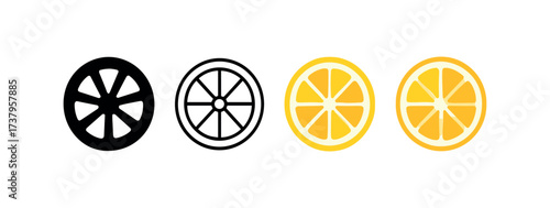 Vector icon lemon slice four styles black solid glyph outline minimal flat multicolor filled cartoon flat shaded.
