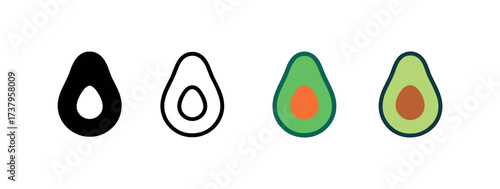 Vector icon avocado four styles black solid glyph outline minimal flat multicolor filled cartoon flat shaded.