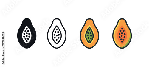 Vector icon papaya four styles black solid glyph outline minimal flat multicolor filled cartoon flat shaded.