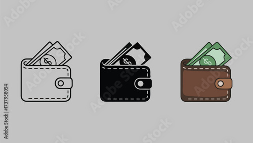 Three distinct wallet icons showing cash for financial management and wealth concepts
