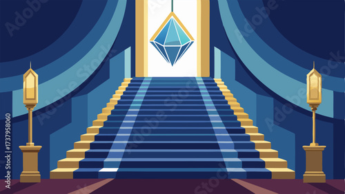 A grand staircase with a gold railing and a glimmering crystal chandelier hanging overhead.