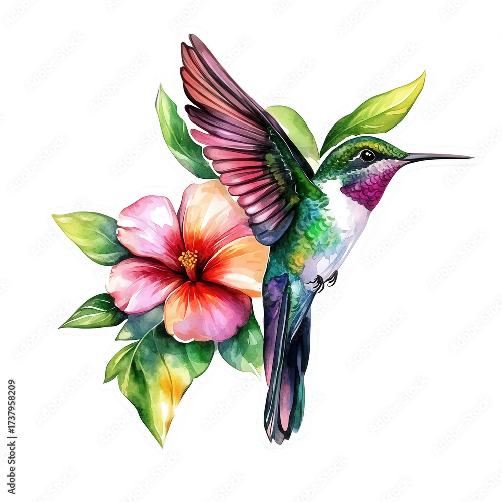 Obraz premium Watercolor painting of a hummingbird with a hibiscus flower, isolated on transparent background, showcasing its vibrant colors and intricate details in a tropical setting