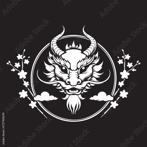 Illustration of a head of a DRAGON Is white on black background and enclosed in a circle with appropriate Asian elements 