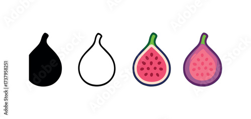 Vector icon fig four styles black solid glyph outline minimal flat multicolor filled cartoon flat shaded.