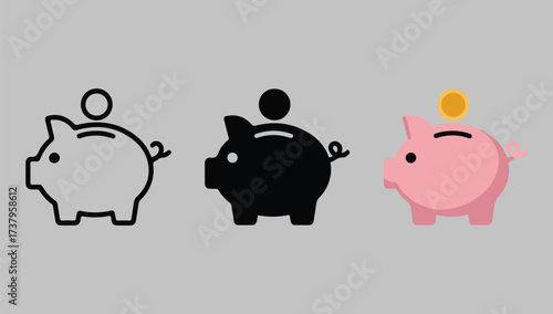 Three styles of piggy bank icons showing savings growth and financial planning