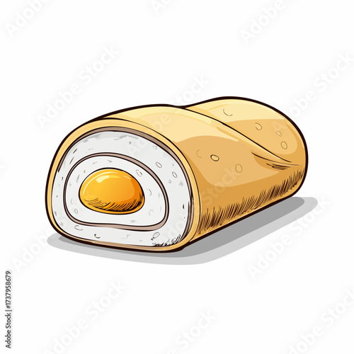 A close-up illustration of a single, delicious-looking rolled omelet with a bright yellow egg yolk visible in the center.
