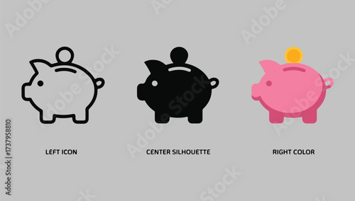 Three piggy bank designs showing savings coin deposit and pink piggy