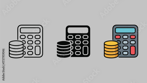 Three distinct graphical representations of a calculator and stacked coins symbolizing financial concepts.