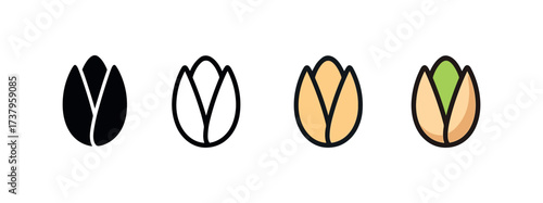 Vector icon pistachios four styles black solid glyph outline minimal flat multicolor filled cartoon flat shaded.