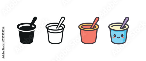 Vector icon yogurt cup four styles black solid glyph outline minimal flat multicolor filled cartoon flat shaded.