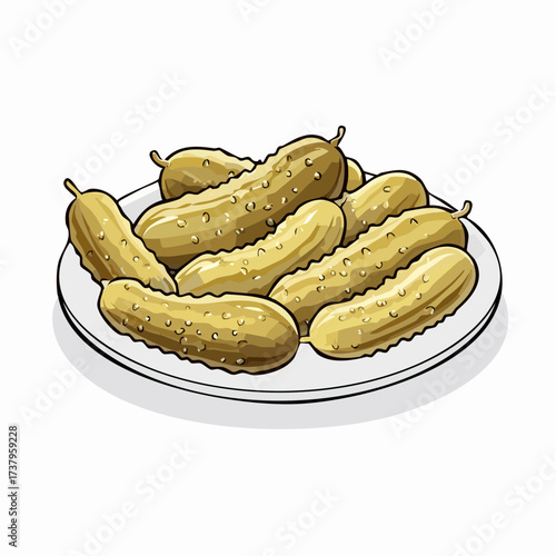 An illustration of a white plate piled high with numerous whole, bumpy green pickles, ready to be eaten.