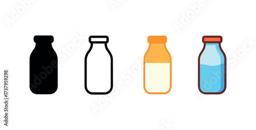 Vector icon milk bottle four styles black solid glyph outline minimal flat multicolor filled cartoon flat shaded.