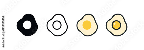 Vector icon fried egg four styles black solid glyph outline minimal flat multicolor filled cartoon flat shaded.