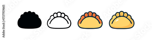 Vector icon dumplings four styles black solid glyph outline minimal flat multicolor filled cartoon flat shaded.