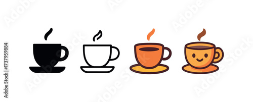 Vector icon espresso cup four styles black solid glyph outline minimal flat multicolor filled cartoon flat shaded.
