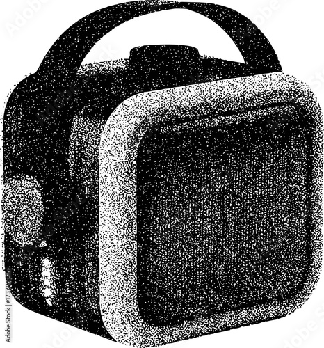 A black and white illustration of a portable speaker with a handle