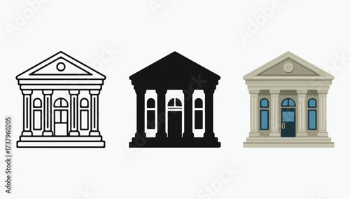 Three distinct styles of a classical bank building icon in a row from sketch to color