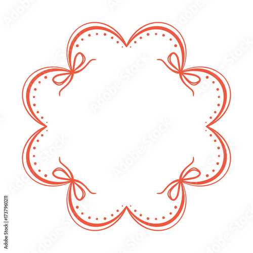 Charming Red Bow Frame with Heart border. Cute hand drawn ribbon bowknots for vintage wedding cards, romantic invitations, scrapbook and decorative design isolated
