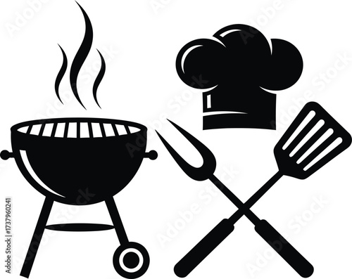 Barbecue grill and chef hat with utensils icon set