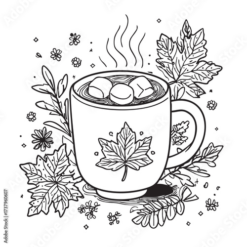 Hot drink with marshmallows and autumn leaves.