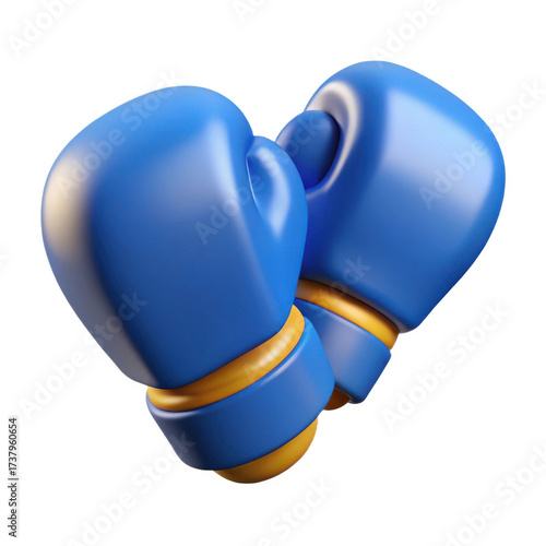 Pair of blue boxing gloves with gold trim isolated on transparent background