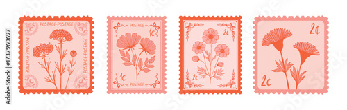 Vintage Coquette Floral Postage Stamp Set. Retro girly stamp collection, decorative vintage postcard, botanical floral design, nostalgic postal art, scrapbook embellishment, pastel aesthetic art