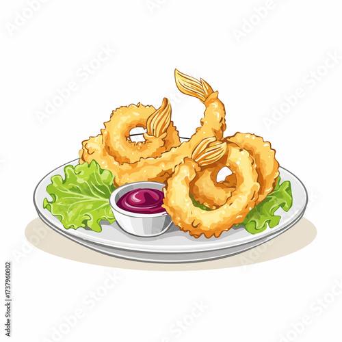 A plate of golden-brown fried calamari rings served with a small bowl of dipping sauce and a bed of fresh lettuce.