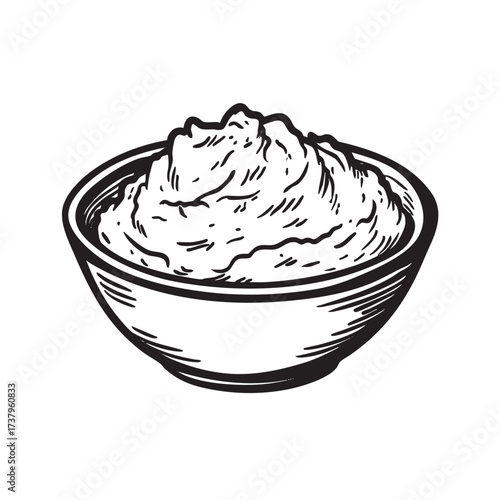 Black and white drawing of a bowl of mashed potatoes.