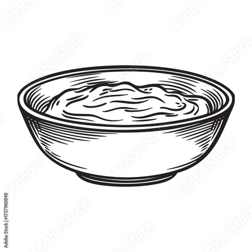  Engraving-style drawing of a bowl of mashed food.