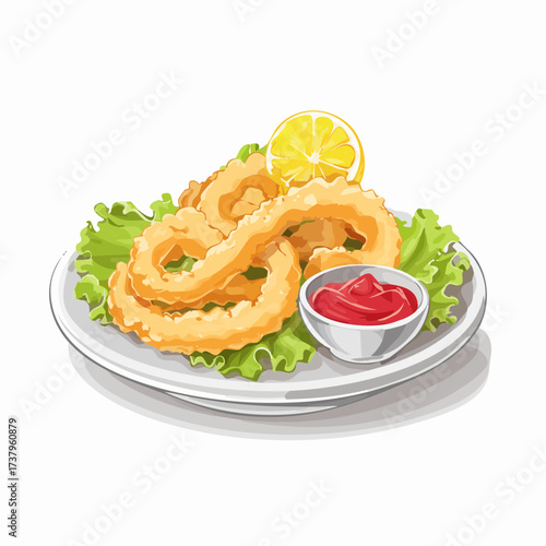 Crispy fried calamari rings served on a white plate with fresh green lettuce, a lemon wedge, and a side of red ketchup.