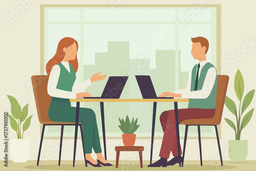 Modern Office Collaboration – Professionals Working on Laptops with Cityscape

Business Meeting Illustration – Teamwork in Contemporary Workspace

Corporate Work Environment Vector – Office Setup with