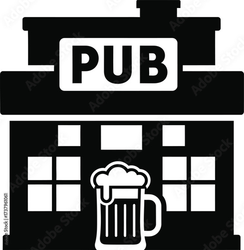 Iconic pub building with frothy beer mug illustration