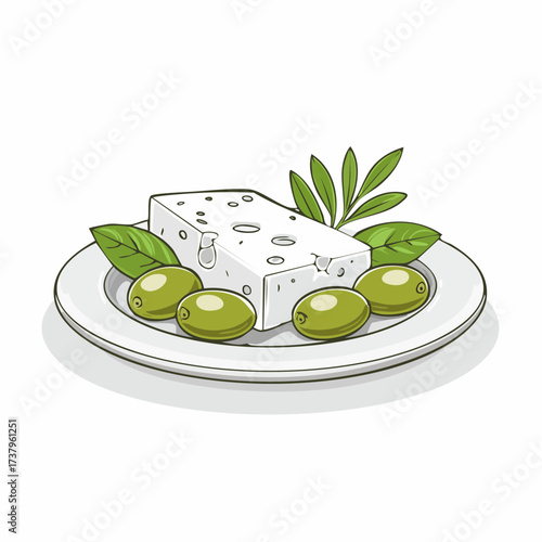 A cartoon illustration of a block of feta cheese served on a white plate with green olives and fresh leaves.