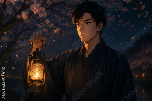 Anime inspired portrait of a young man with a lantern