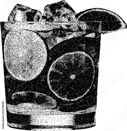 Black and White Illustration of a Refreshing Orange and Ice Drink in a Glass