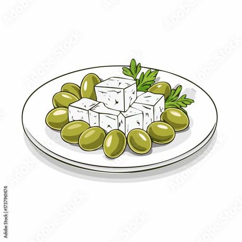 A plate of feta cheese cubes and green olives, garnished with parsley.