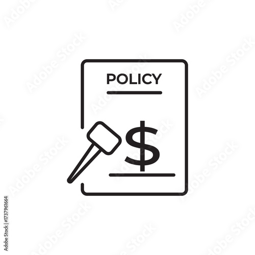 Editable stroke line icon of a policy document with a gavel and dollar sign, symbolizing financial regulations, legal finance, or insurance policies. Ideal for apps, websites, and infographics.