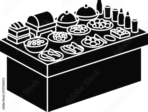 Stylized illustration of a buffet table laden with food dishes